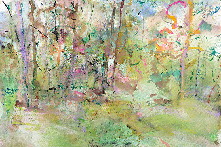 Abstract painting featuring stylized trees and grass in vibrant colors, creating a harmonious natural scene.