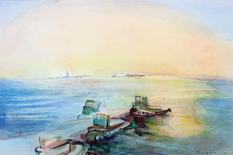 A serene painting depicting several boats floating on calm water under a clear sky.