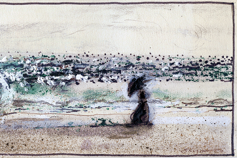 A woman strolls along the beach, holding a colorful umbrella against the bright sun.