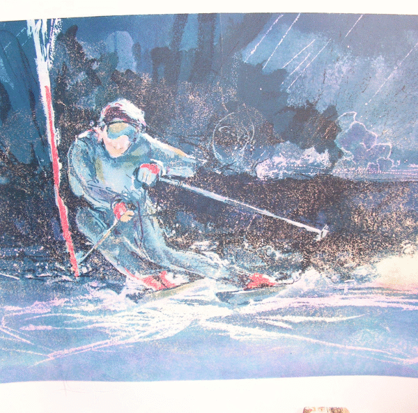 skier Sarajevo Olympics winter original watercolor Peter Dodge painting 22 X 30